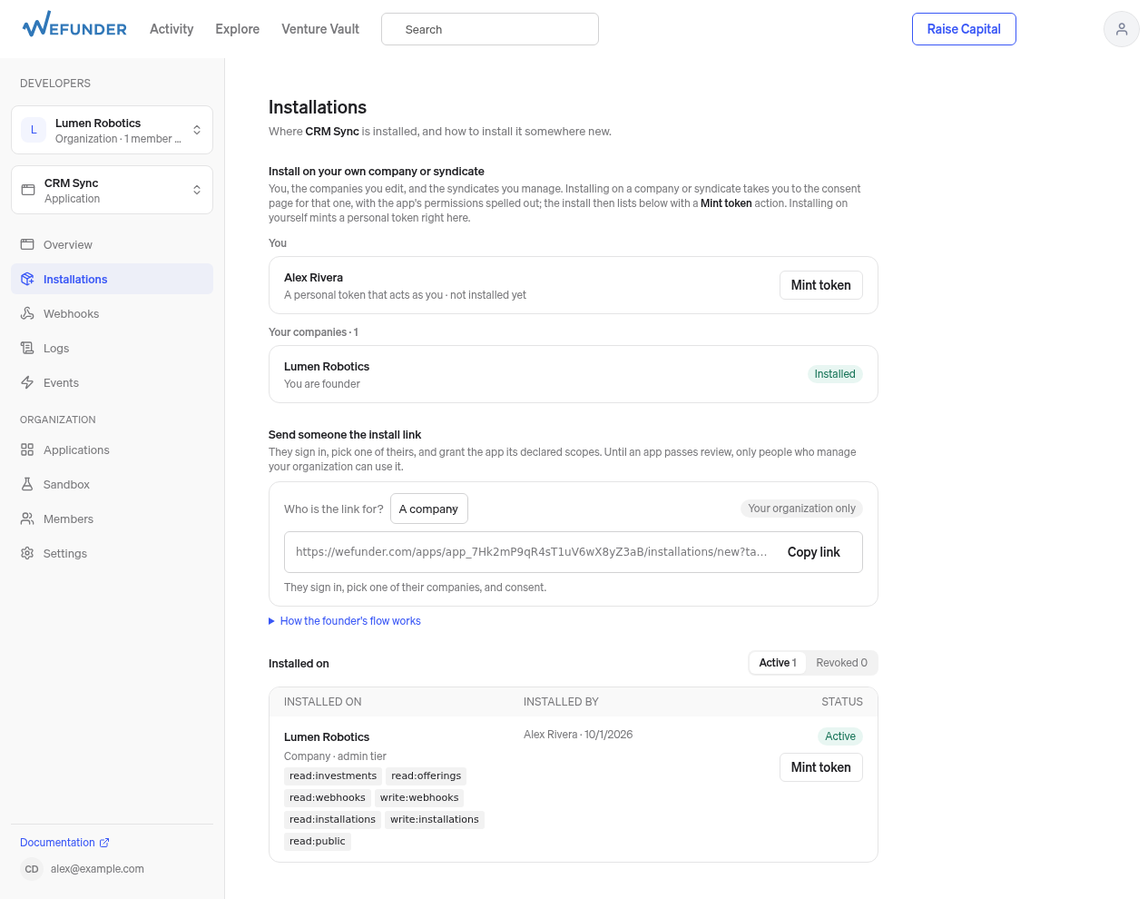 The Installations page of an app in the developer portal, showing the "You" row with a Mint token button, a company you edit (already installed here), the install link box, and the "Installed on" row with its own Mint token button
